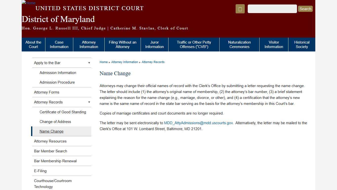 Name Change | District of Maryland | United States District Court